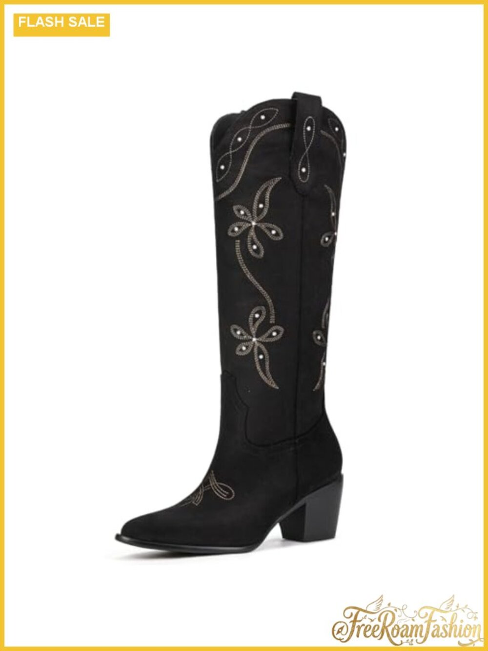 Knee High Cowboy Boots Women Faux Suede Pointed Toe Chunky Heel Pull On